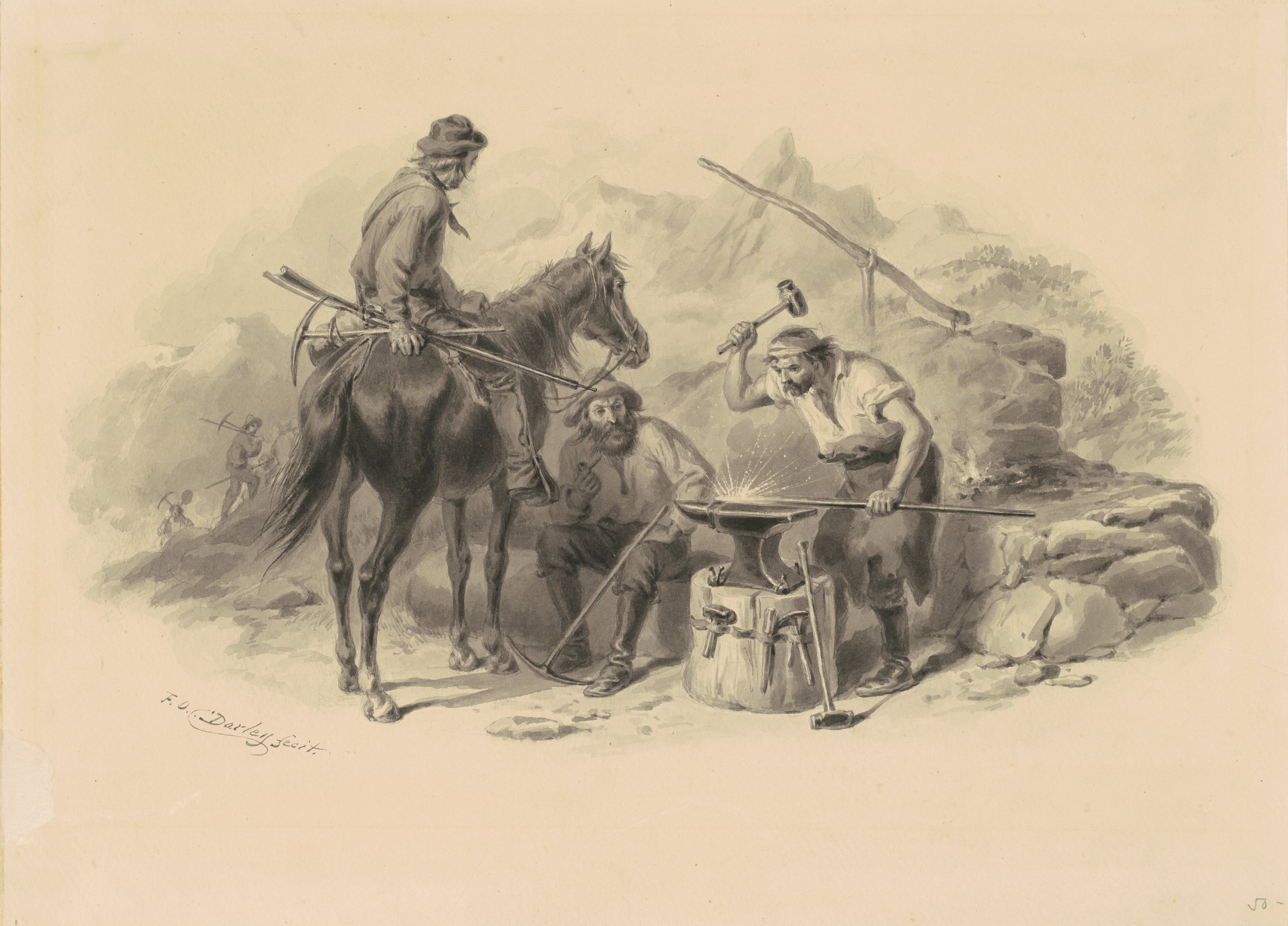 Blacksmith hammers metal as sparks fly, seated man and man on horseback observe, mountains and miners in the background